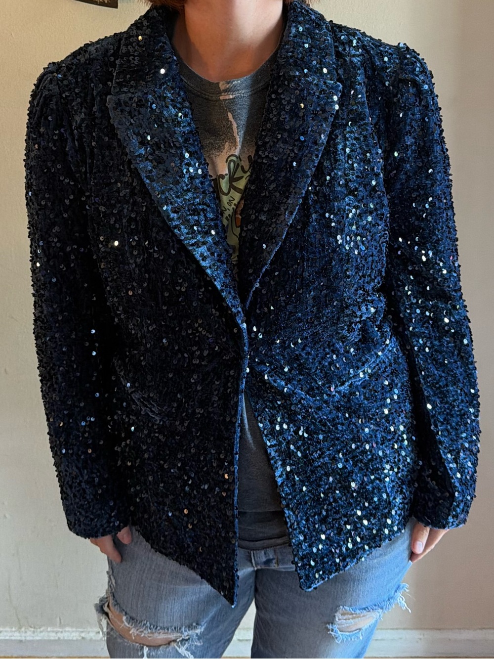Nicole by Nicole Miller Navy Blue Sequin Blazer